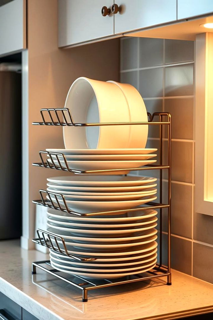 Organize Plates with Tiered Racks - 22 Kitchen Cabinet Organization Ideas