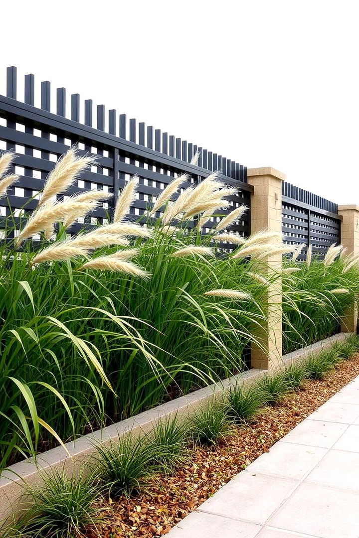 Ornamental Grass Accents - 22 Simple Fence Line Landscaping Ideas