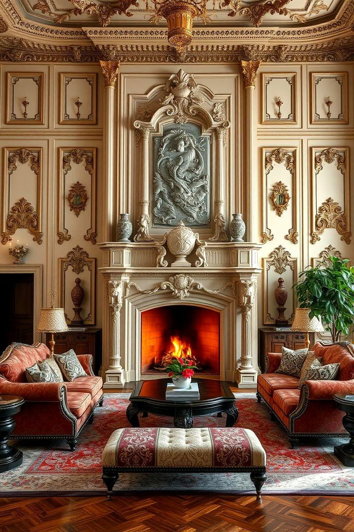 Ornate Fireplace Focal Point - 22 Mansion Living Room Ideas
