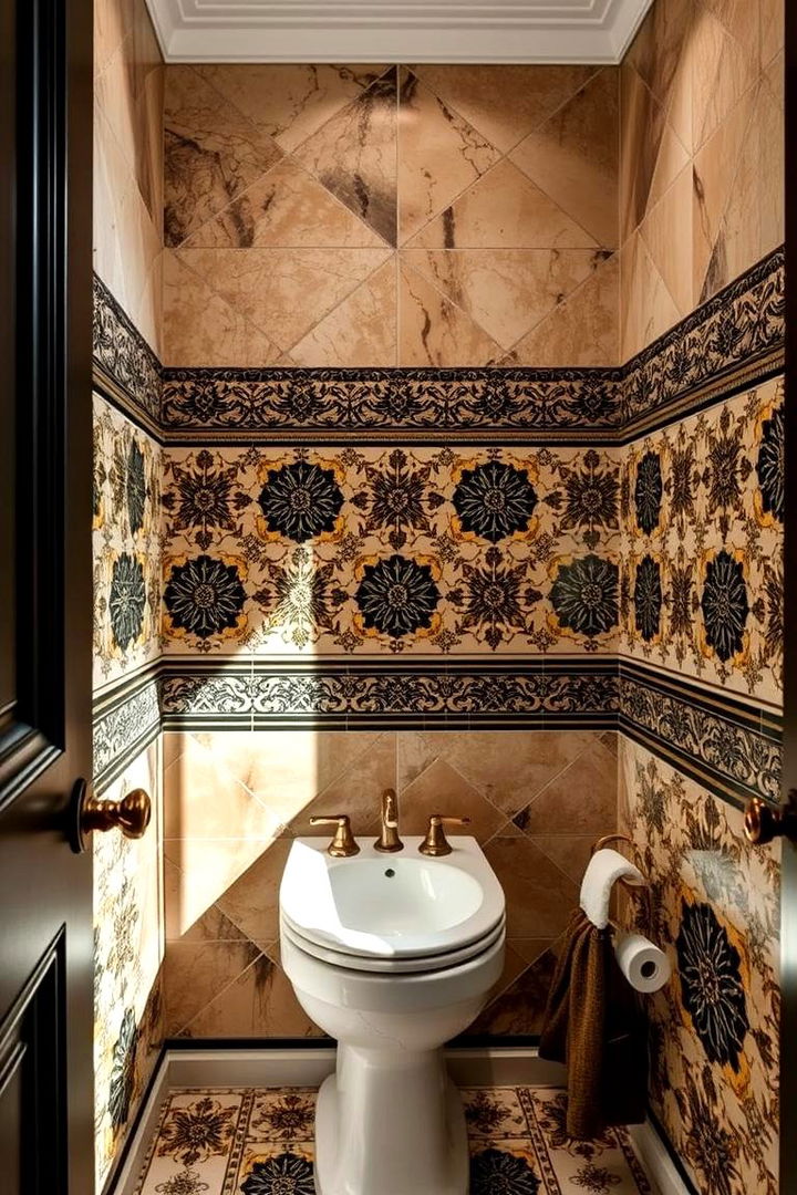 Ornate Wall Tiles and Mosaics - 22 black and gold powder room ideas