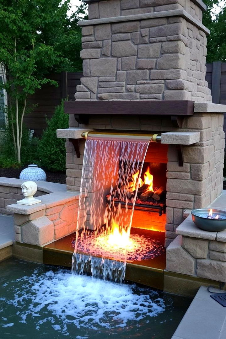 Outdoor Fireplace with Waterfall - 22 Outdoor Fireplace Ideas