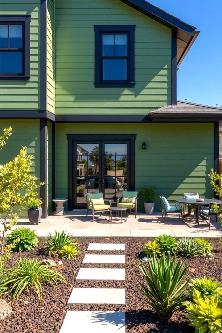 Outdoor Living Synergy - 22 Green House Exterior With Black Trim