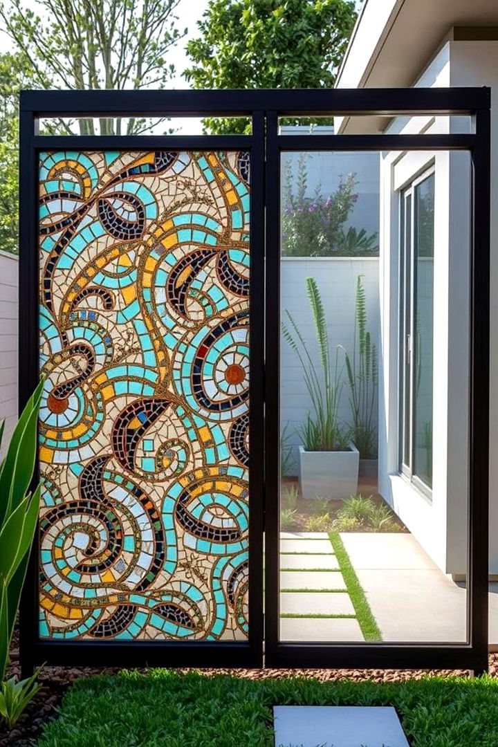 Outdoor Partitions with Mosaic Tiles for Artistic Flair - 22 Backyard Privacy Ideas