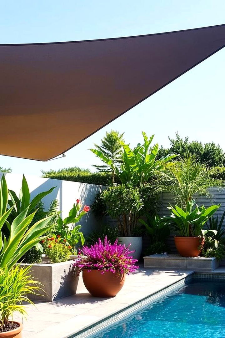 Outdoor Shade Sails with Greenery - 22 Pool Shade Ideas