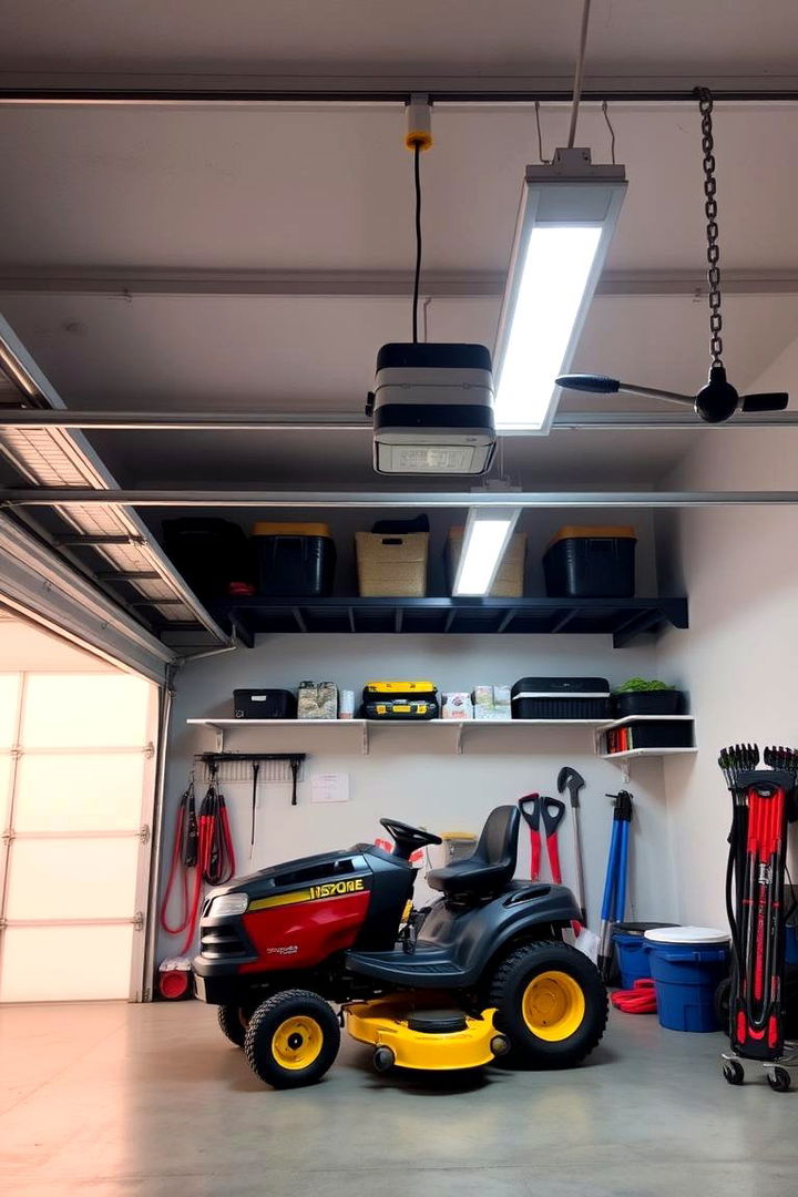 Overhead Garage Shelves - 22 Lawn Mower Storage Ideas
