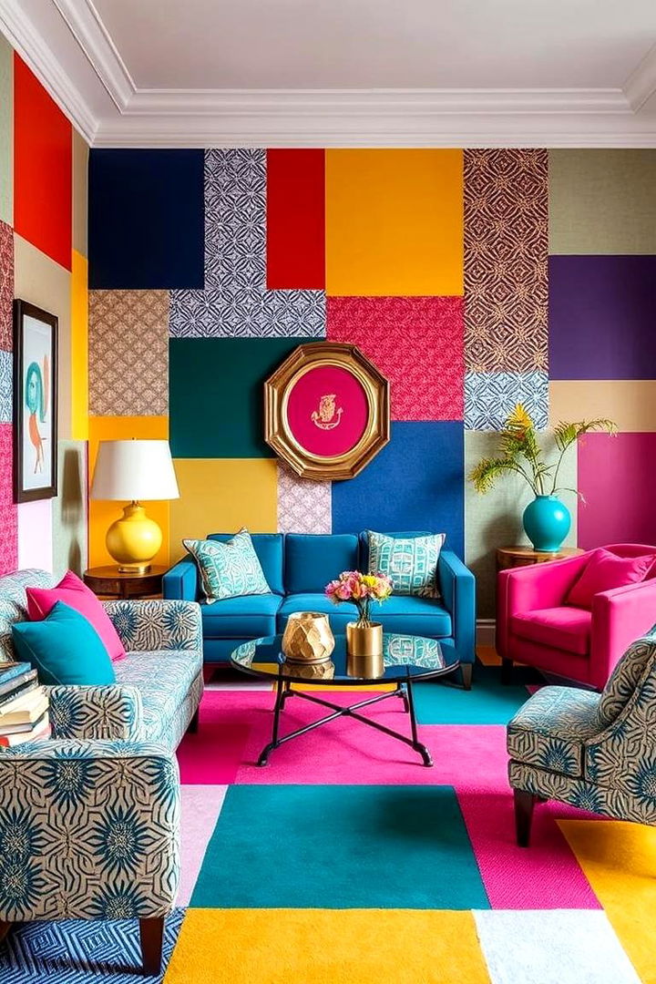 Overlapping Patterns and Color Blocks - 22 Maximalist Living Room Design Ideas