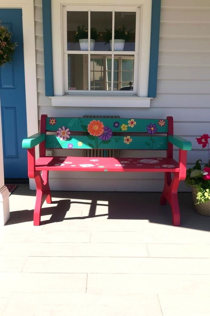 Painted Bench with Floral Accents - 22 Front Porch Bench Ideas