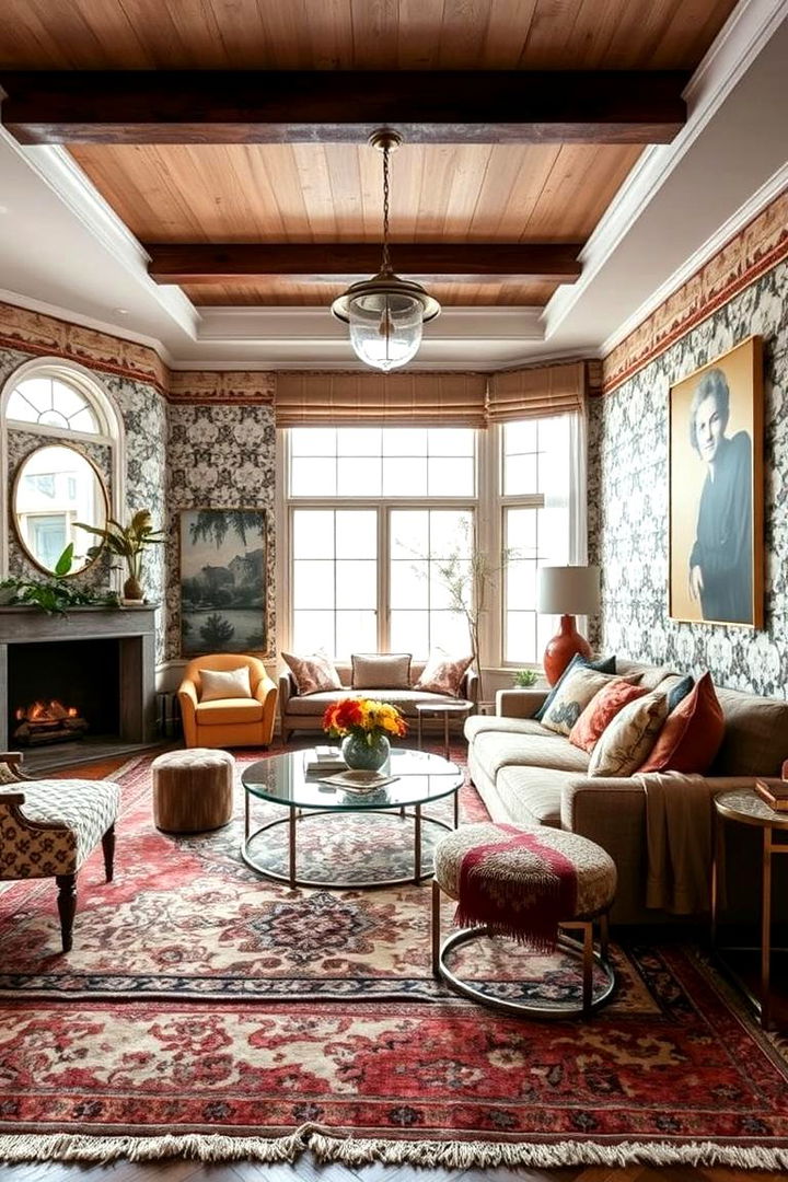 Pattern Overload Layered Textiles and Wallpapers - 22 Maximalist Living Room Design Ideas