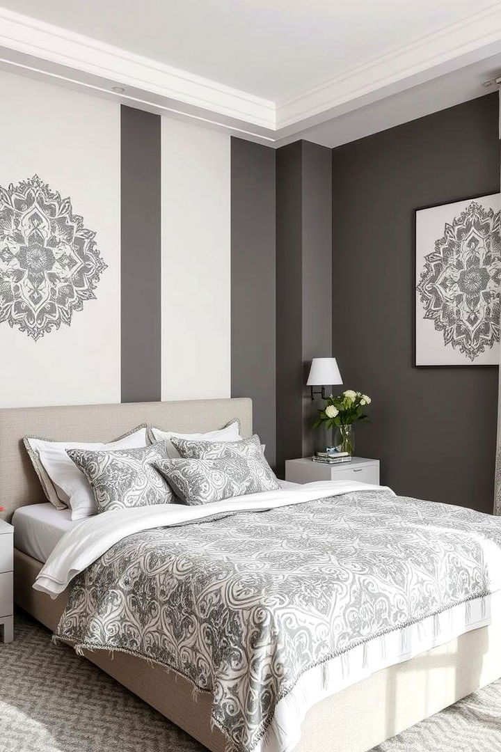 Patterned Accent Elegance - 22 Grey and White Bedroom Ideas