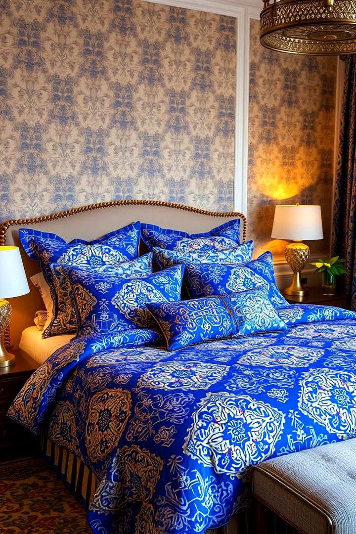 Patterned Bedding Inspirations - 22 Blue and Gold Bedroom Ideas