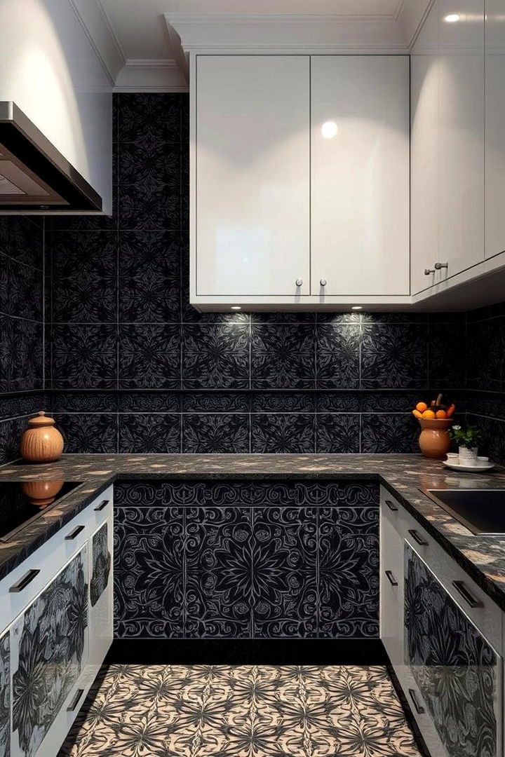 Patterned Black Ceramic Tiles - 22 Black Floor Kitchen Ideas