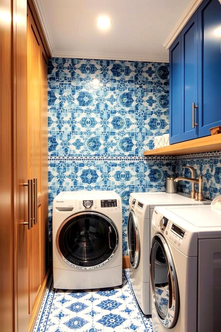 Patterned Blue Tiles - 22 Blue Laundry Room Ideas