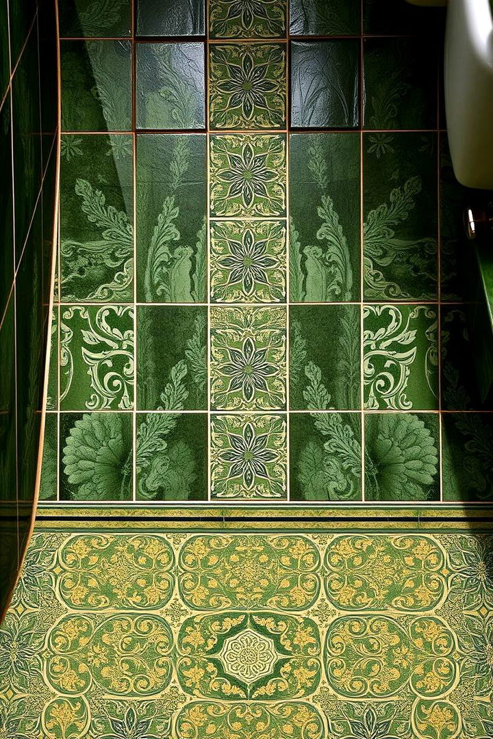 Patterned Floor Tiles Artistic Olive Accents - 22 Olive Green Bathroom Ideas