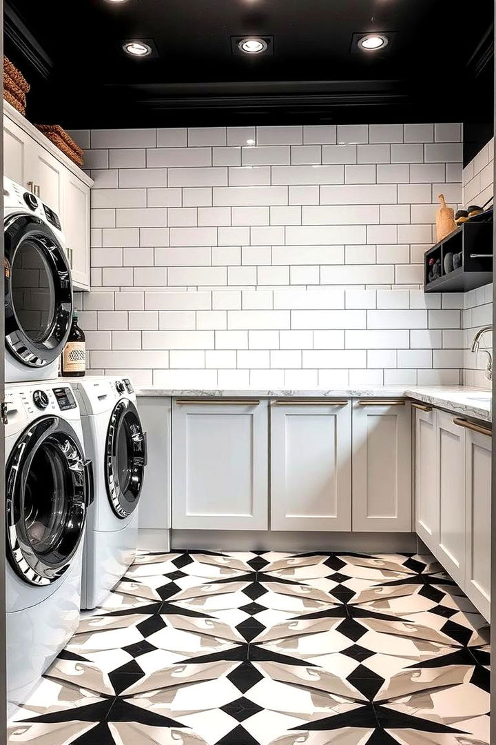 Patterned Flooring Impact - 22 Black and White Laundry Room Ideas