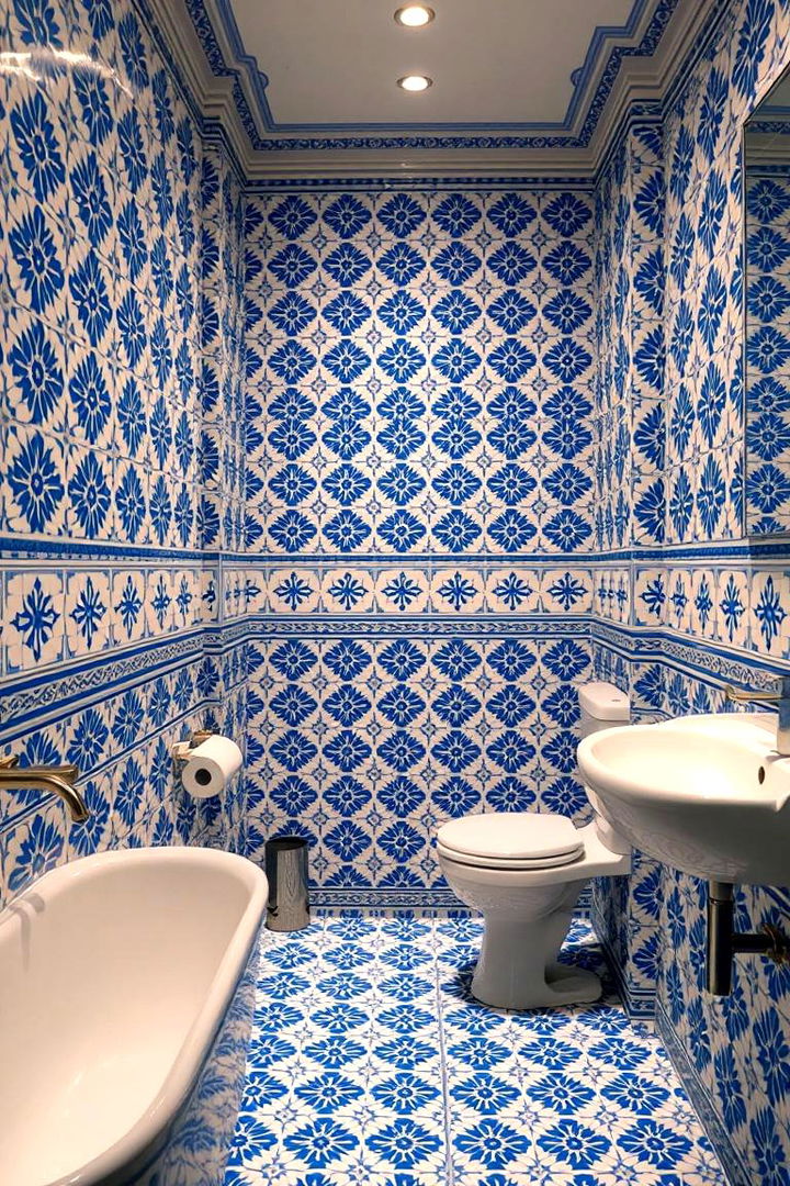 Patterned Tiles in Blue and White - 22 Blue and White Bathroom Ideas