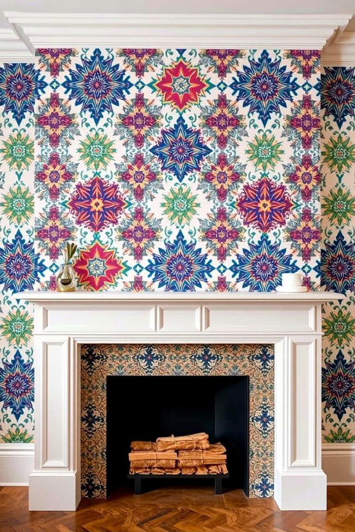 Patterned Wallpaper Statement - 22 Fireplace Wall Ideas