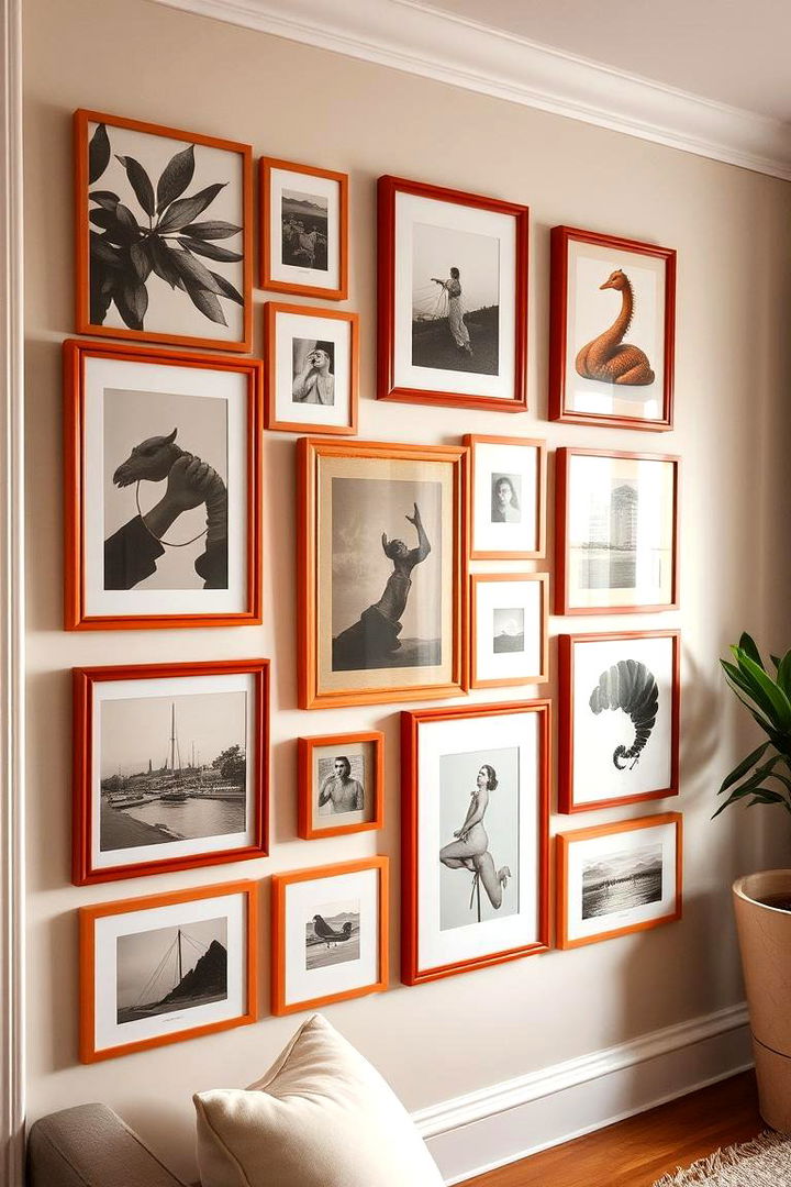 Personalized Gallery Wall with Burnt Orange Frames - 22 Burnt Orange Living Room Ideas