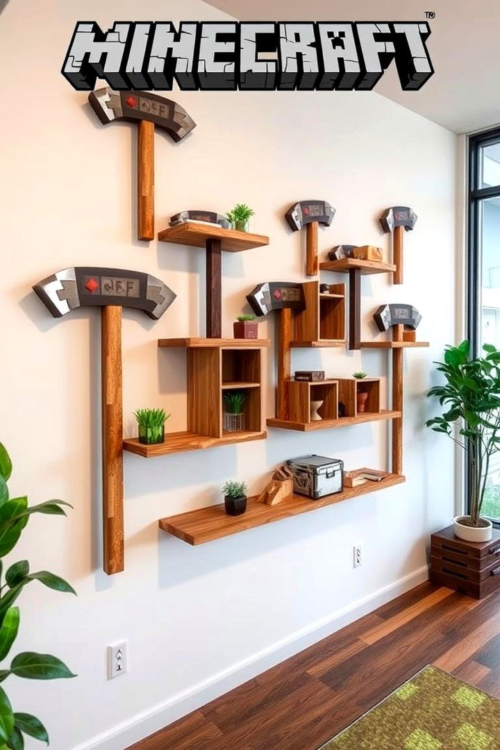 Pickaxe Shelves Display - 22 Minecraft Themed Bedroom Ideas