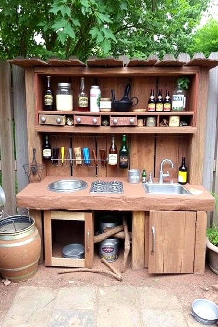 Playful Mud Kitchen with Recycled Goods - 22 Mud Kitchen Ideas for Kids