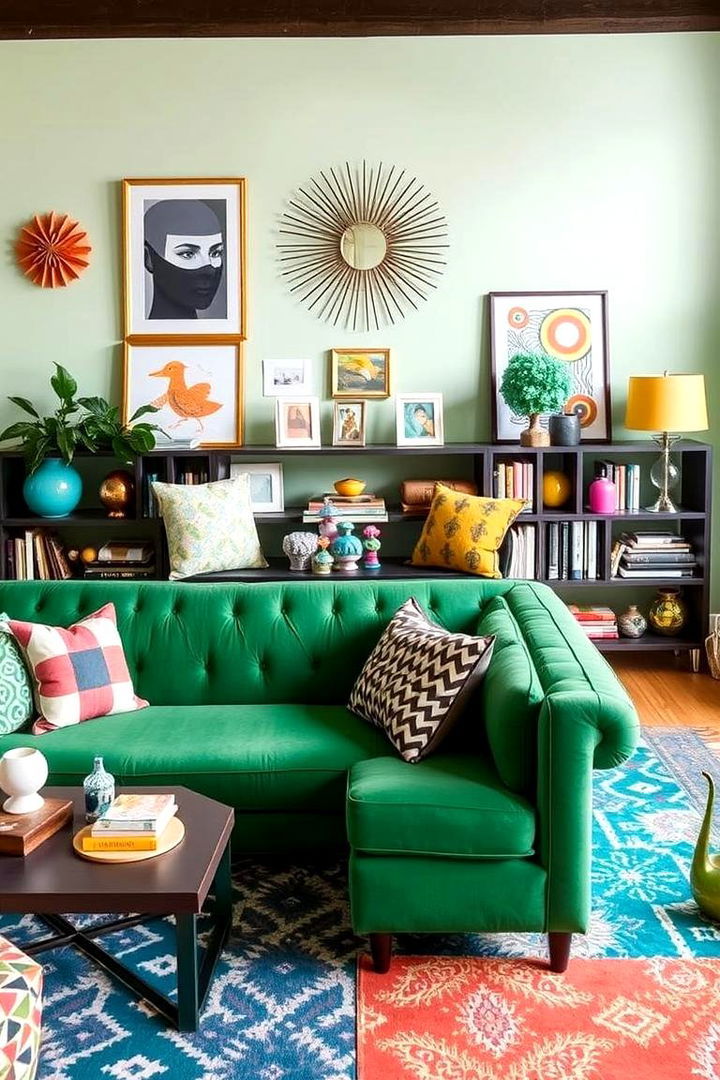 Playful Patterned Accents - 22 Emerald Green Sofa Living Room Ideas