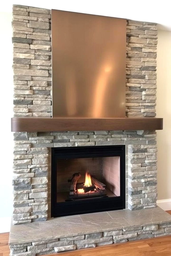 Polished Fireback Accent - 22 Stacked Stone Fireplace Ideas
