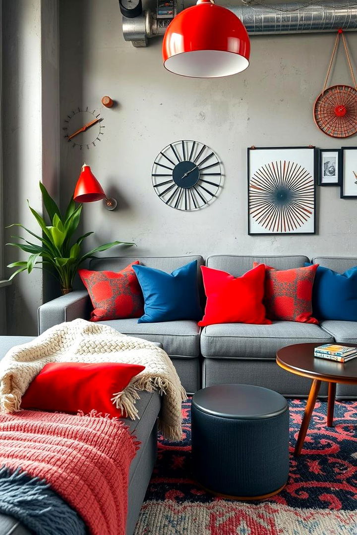 Pop of Vibrant Color Amid Industrial Grey - 22 Industrial Living Room Ideas