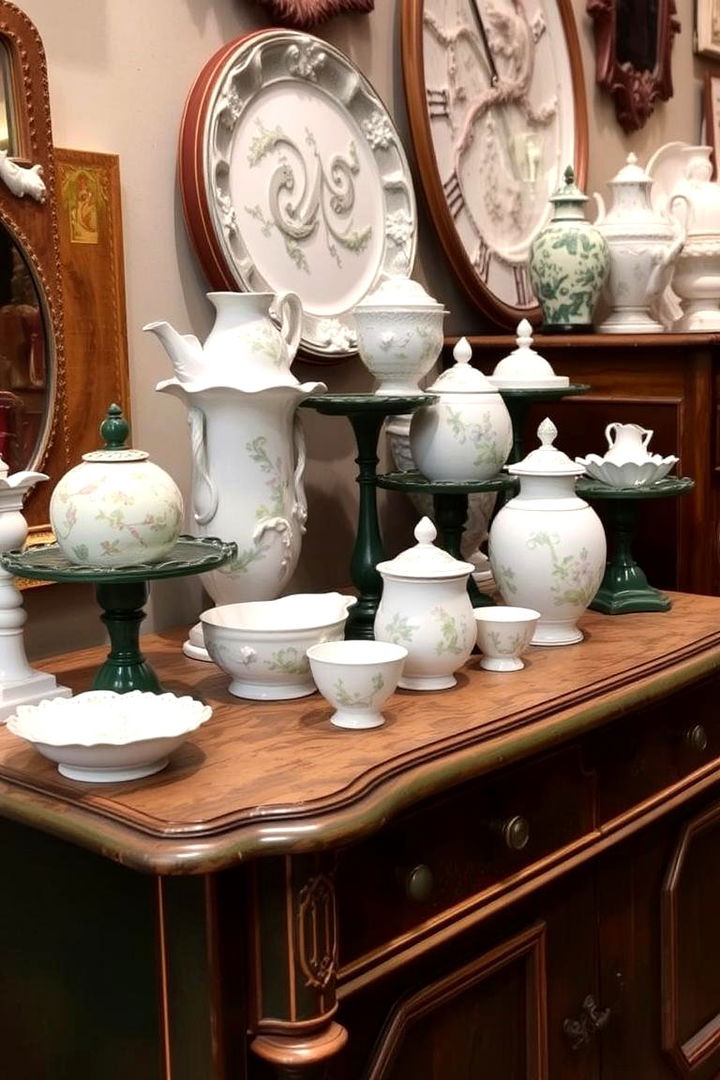 Porcelain Decor with Dark Green Accents - 22 Victorian Dark Green Living Room Ideas