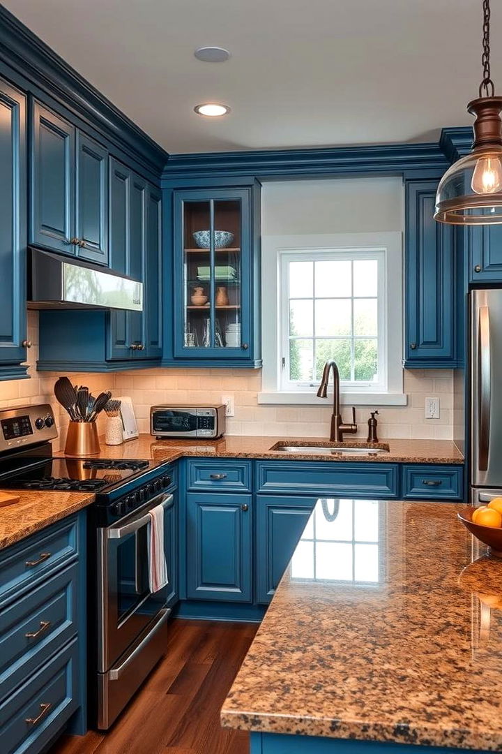 Practical Luxury in Everyday Cooking - 22 blue kitchen cabinets with brown granite countertops