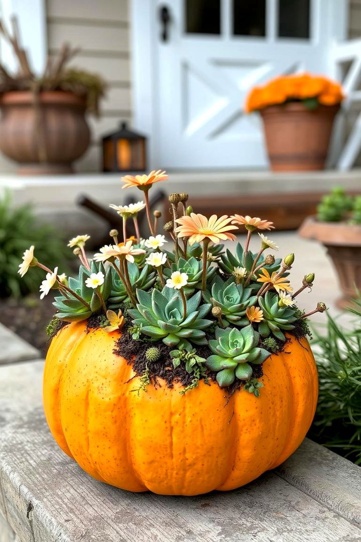 Pumpkin Planter with Small Succulents - 22 Fall Planter Ideas