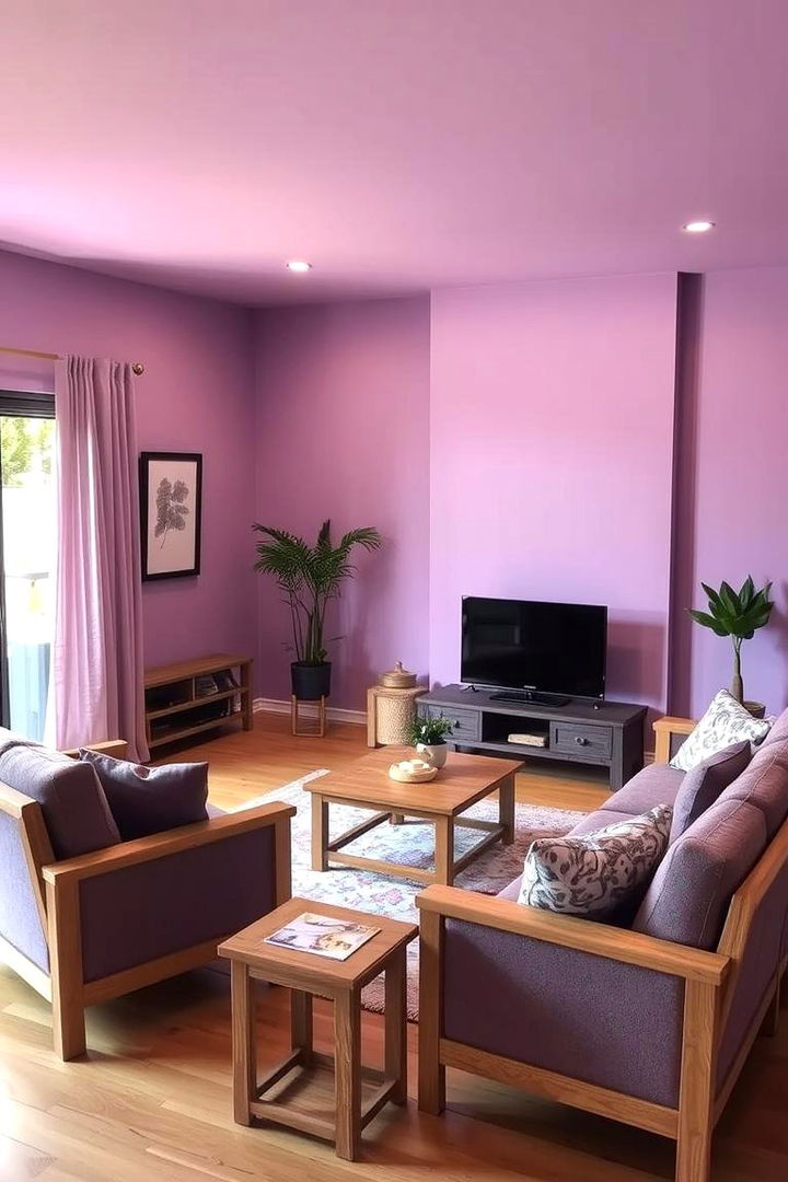 Purple Hues with Natural Wood Tones - 22 Purple Living Room Ideas