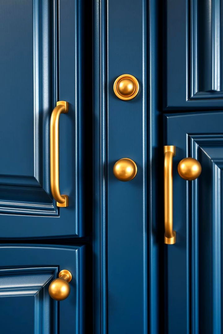 Quality Craftsmanship and Materials - 22 blue kitchen cabinets with gold hardware
