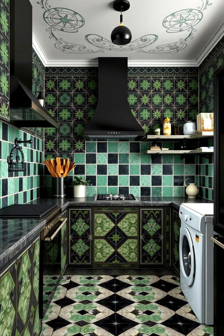 Quirky Patterns using Green and Black Tile Designs - 22 Black and Green Kitchen Ideas