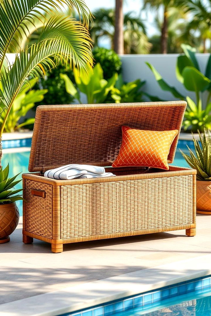 Rattan Storage Benches for a Tropical Look - 22 Pool Storage Ideas