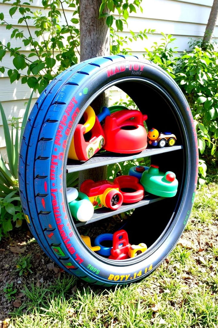 Reclaimed Tire Toy Organizer - 22 Outdoor Toy Storage Ideas