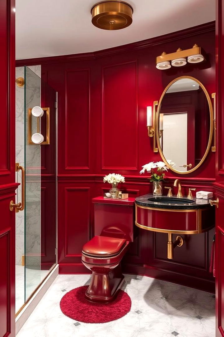 Red Bathroom with Metallic Accents - 22 Red Bathroom Ideas