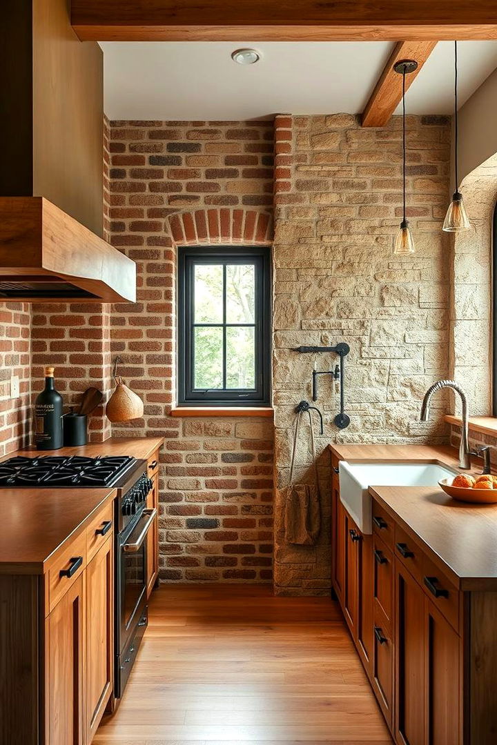 Red Brick and Stone Textured Walls - 22 Red Brick Kitchen Ideas