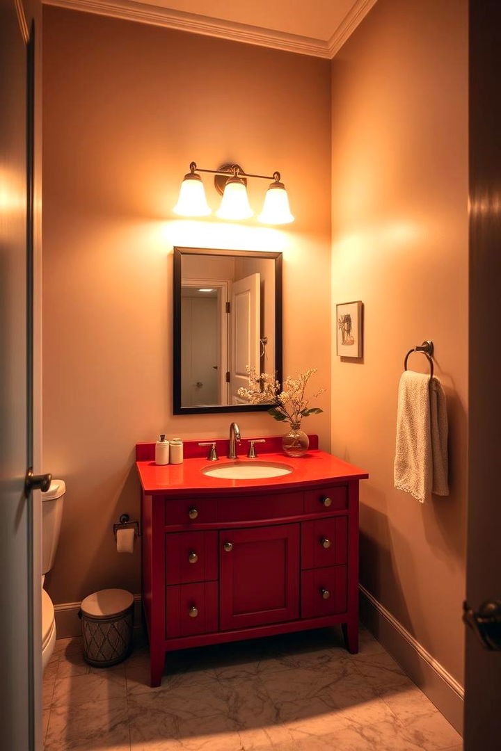Red Vanity with Soft Lighting - 22 Red Bathroom Ideas