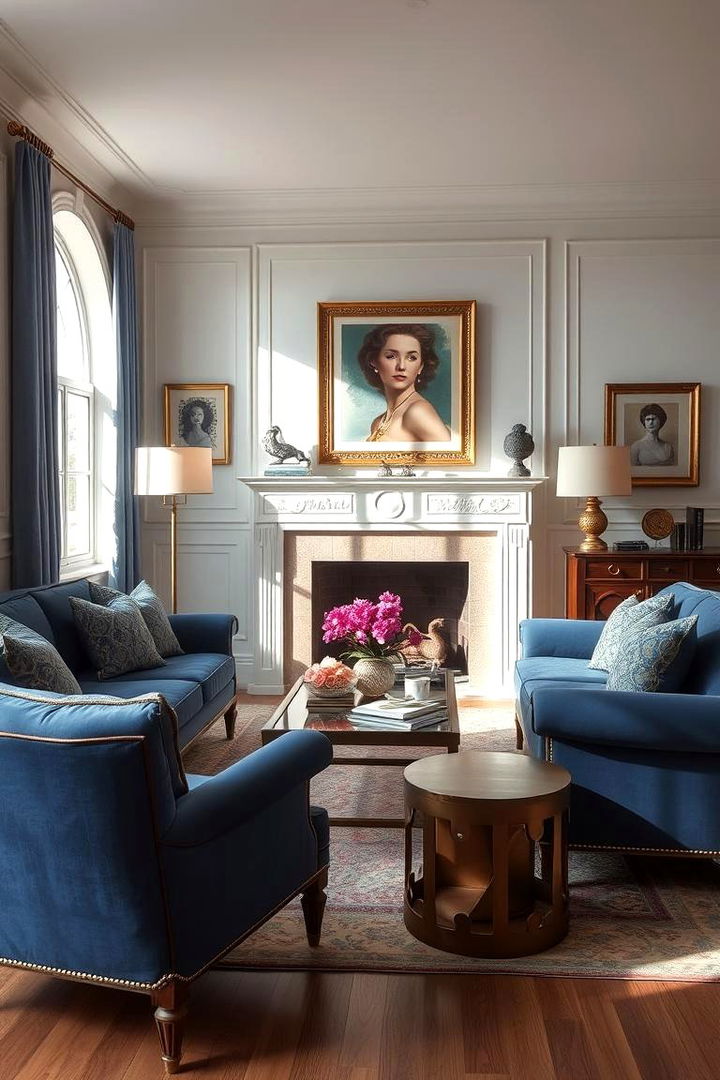 Refined Blue Upholstery - 22 Blue and Gold Living Room Ideas