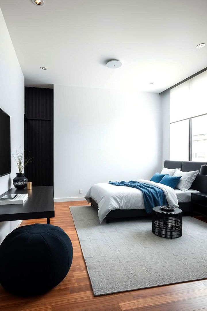 Refined Minimalism with Color Accents - 22 Black and Blue Bedroom Ideas