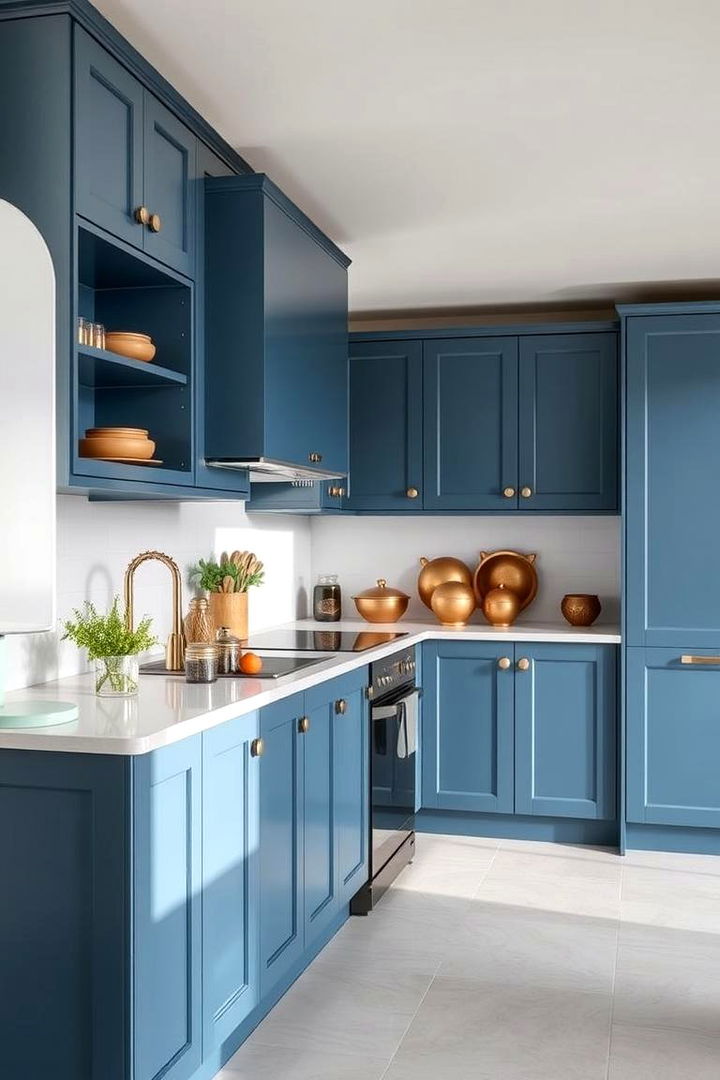 Refined Understated Luxury - 22 blue kitchen cabinets with gold hardware
