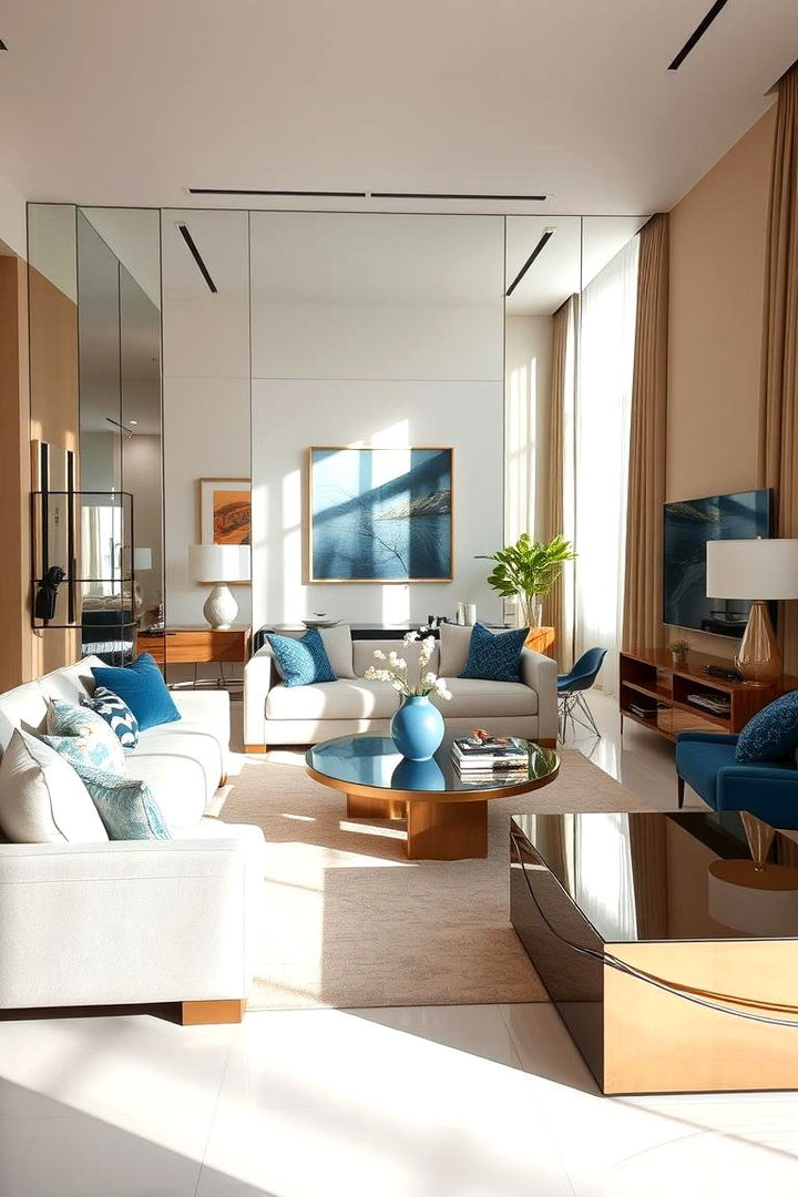 Reflective Mirrored Surfaces - 22 blue and beige living room ideas