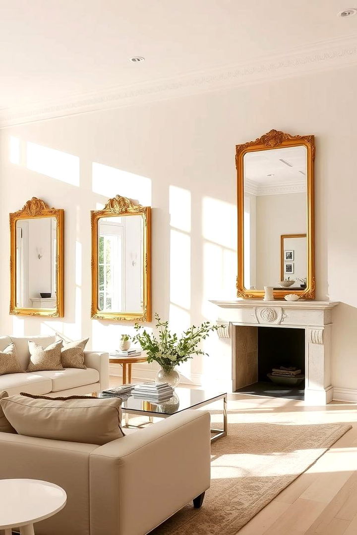 Reflective Mirrors Enhancing Light and Space - 22 Cream and Gold Living Room Ideas
