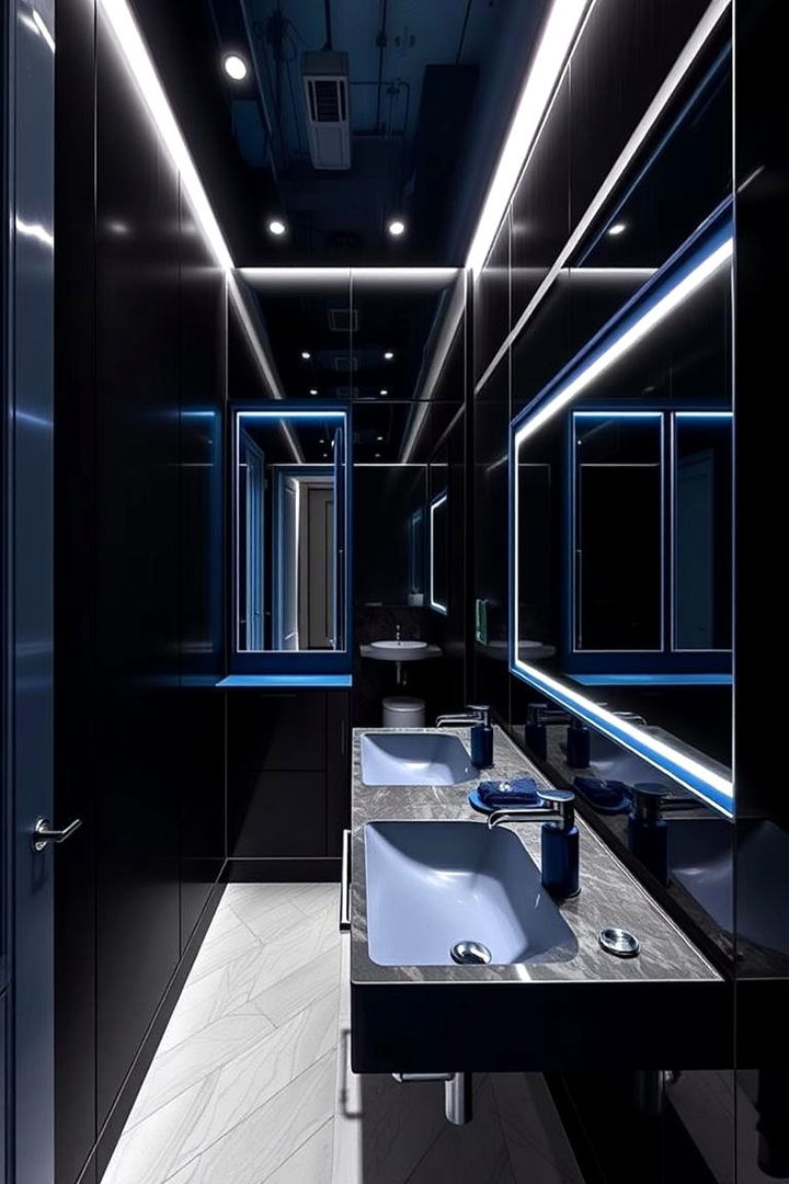 Reflective Statement Mirrors for Depth - 22 black and blue bathroom ideas