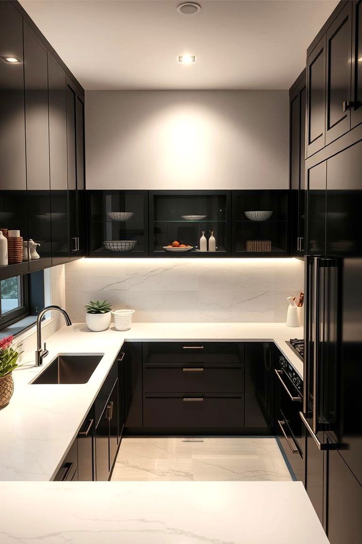 Reflective Surfaces and Ambient Accents - 22 Black Kitchen Cabinets With White Countertops