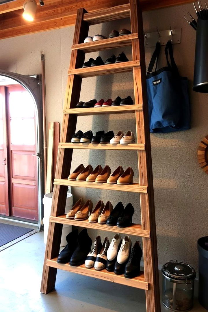 Repurposed Ladder Shoe Rack - 22 Garage Shoe Storage Ideas