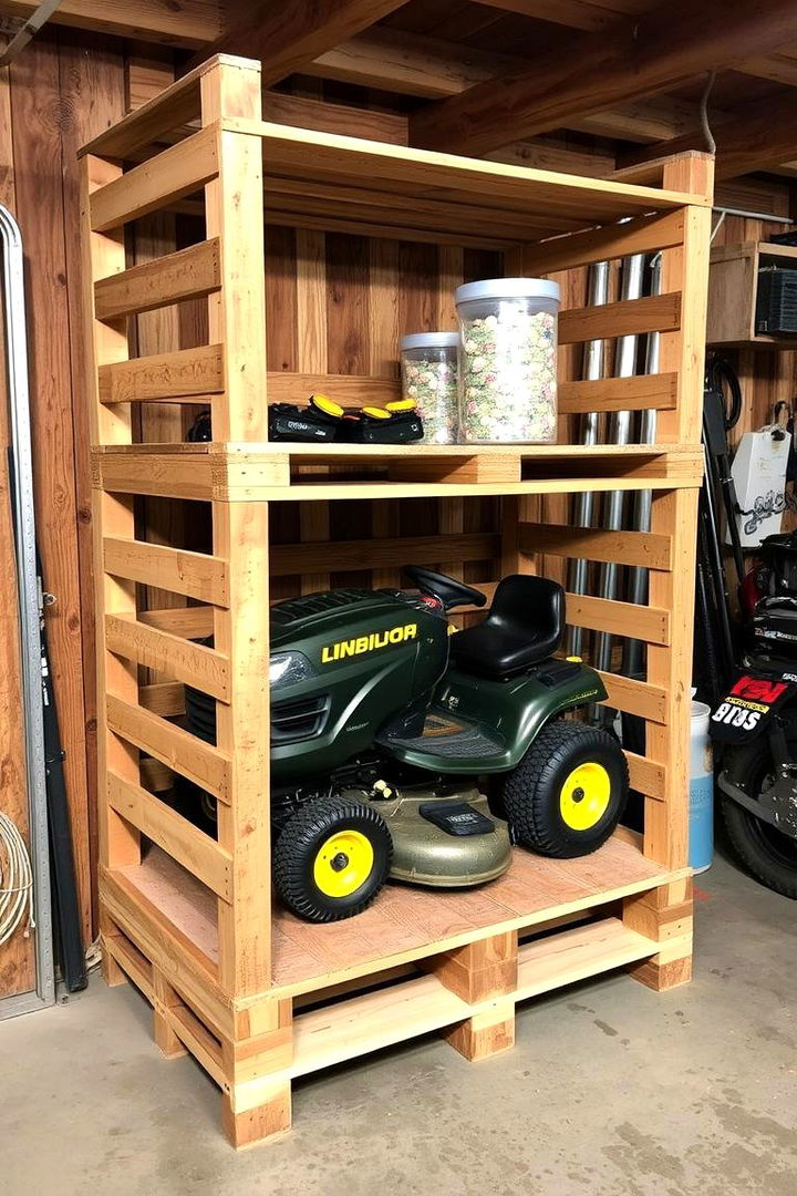 Repurposed Pallet Racks - 22 Lawn Mower Storage Ideas