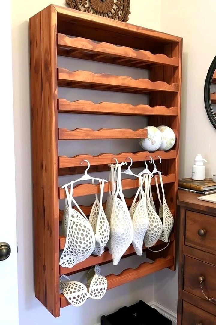 Repurposed Wine Rack for Chic Storage - 22 Bra Storage Ideas