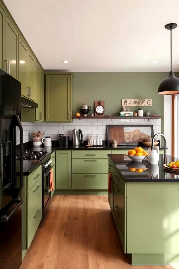 Retro Flair Revival - 22 Green Kitchen Cabinets With Black Countertops