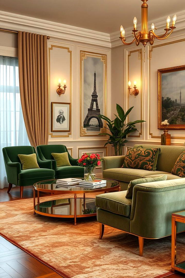 Retro Inspired Gold Details - 22 Green and Gold Living Room Ideas