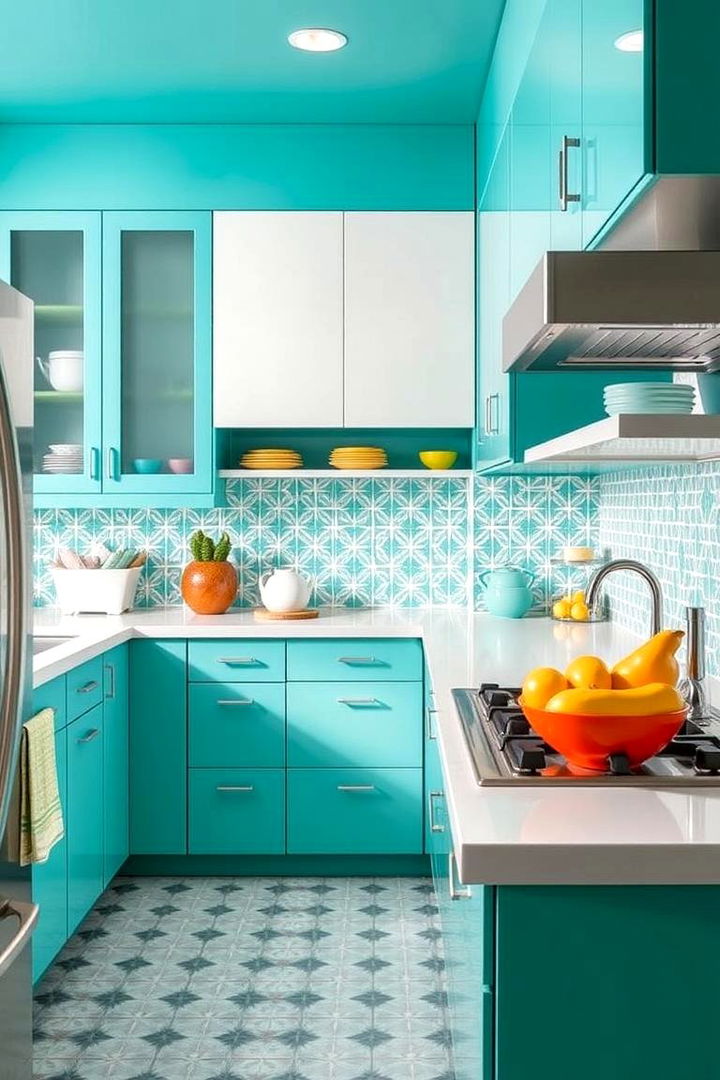 Retro Modern Teal and White Kitchen with Patterned Tiles - 22 Teal and White Kitchen Ideas